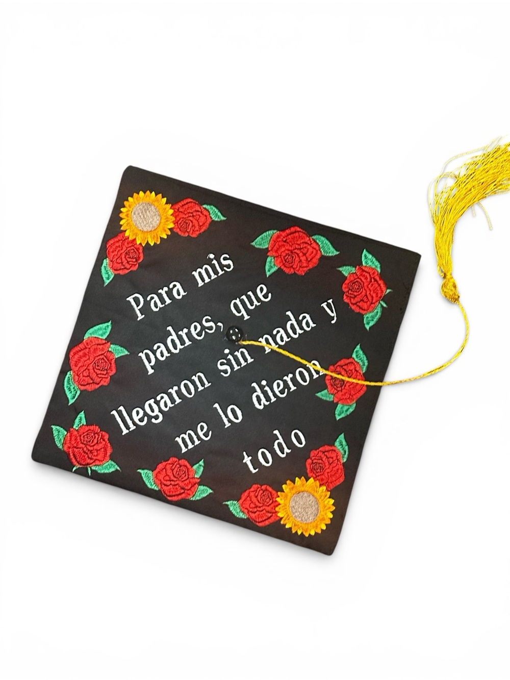 Embroidered Black Graduation Cap with Red Roses & Sunflowers - Picture 4 of 5